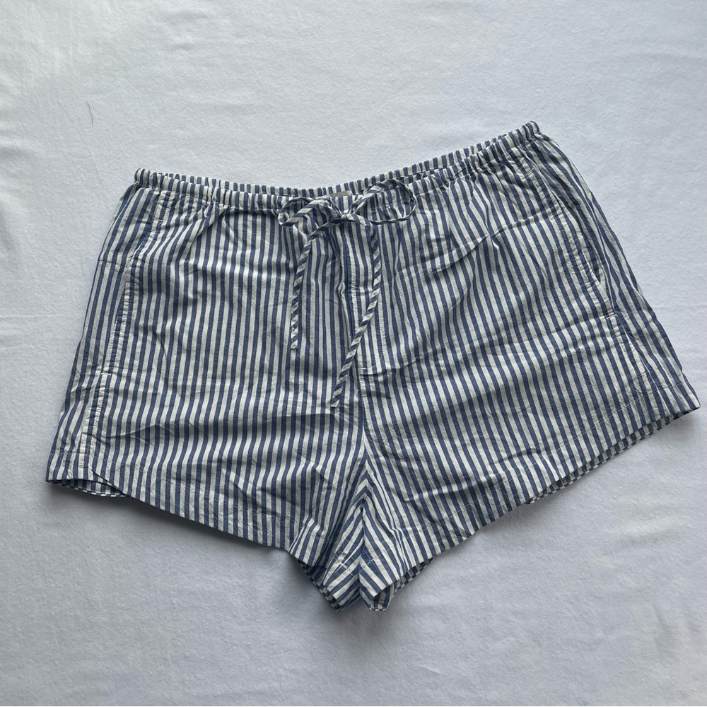Madewell 100% Cotton Drawstring Pull On Shorts Blue Stripe Size Large EUC - Picture 2 of 7